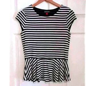 Vince Camuto Women Peplum Top Black White Stripe Size S Nautical Parisian Preppy